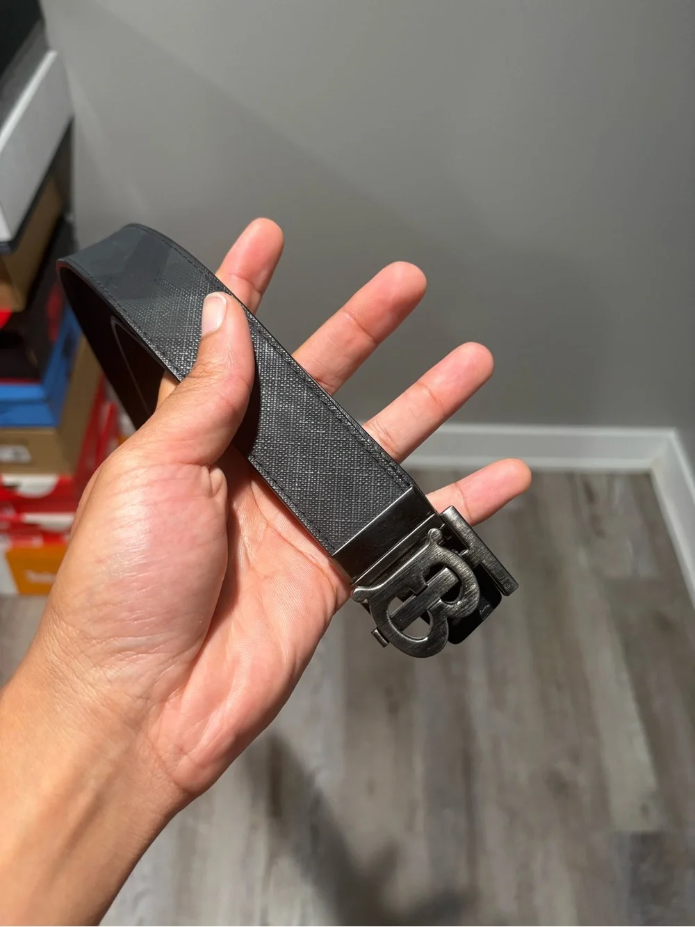 Burberry Grey Textured Leather Belt with Silver TB Buckle $200 or best offer